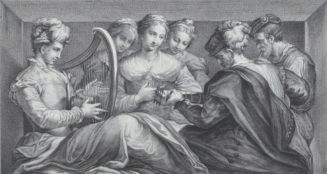 En gruppe elegant kledde mennesker som spiller harpe og gitar, 1740-68 av Bartolomeo Crivellari