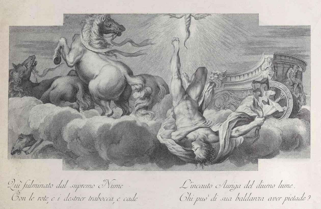Plate 34: Auriga, vognføreren, faller fra vognen i midten, med tre hester ved l..., 1756 av Bartolomeo Crivellari