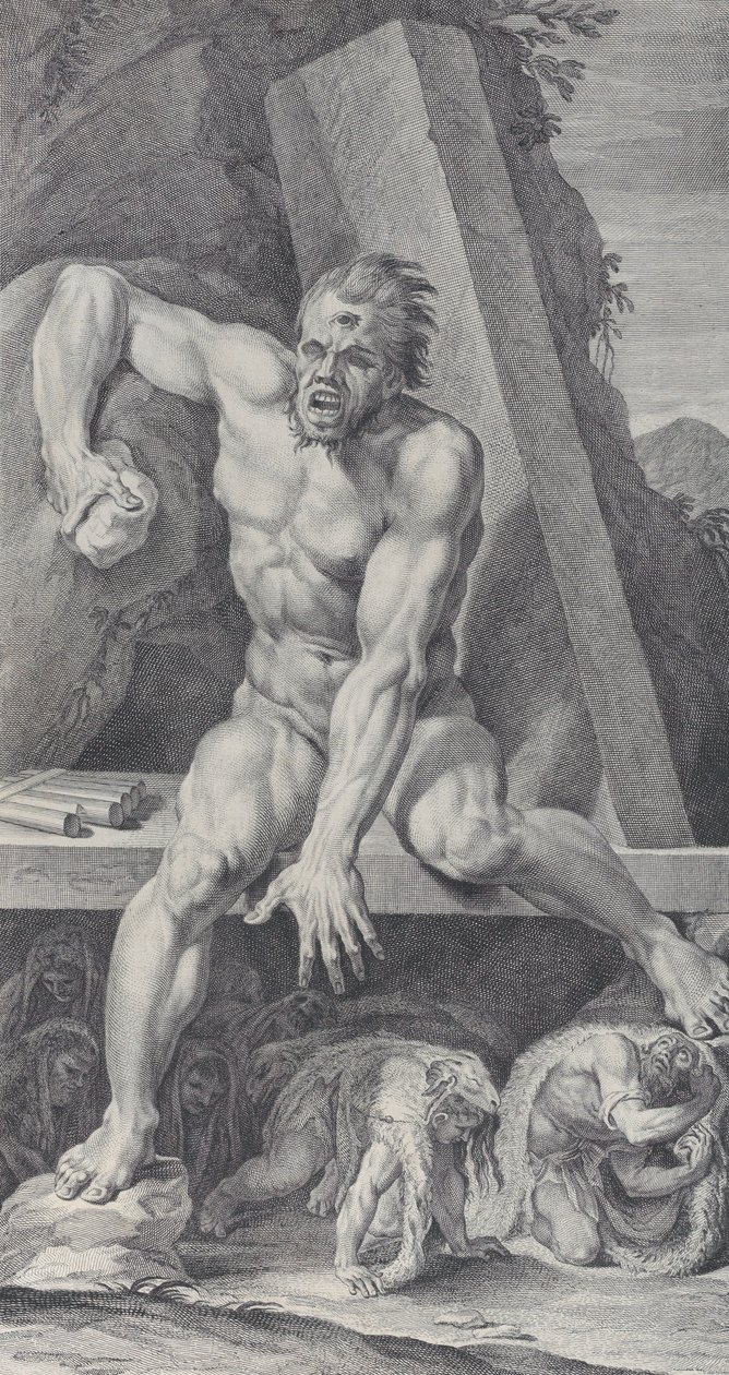 Plate 7: den blindede Polyfemus, vokter inngangen til hulen hans, med Ulysses og hans..., 1756 av Bartolomeo Crivellari