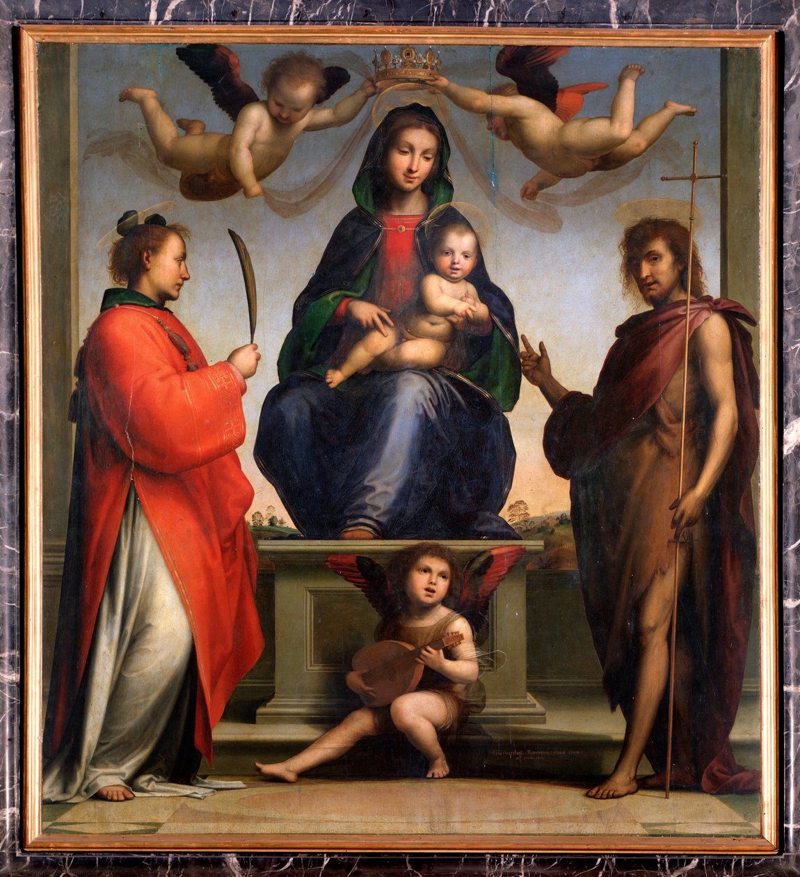 Jomfru og barn med døperen Johannes og Stefanus (tempera og olje på lerret av Bartolomeo Fra