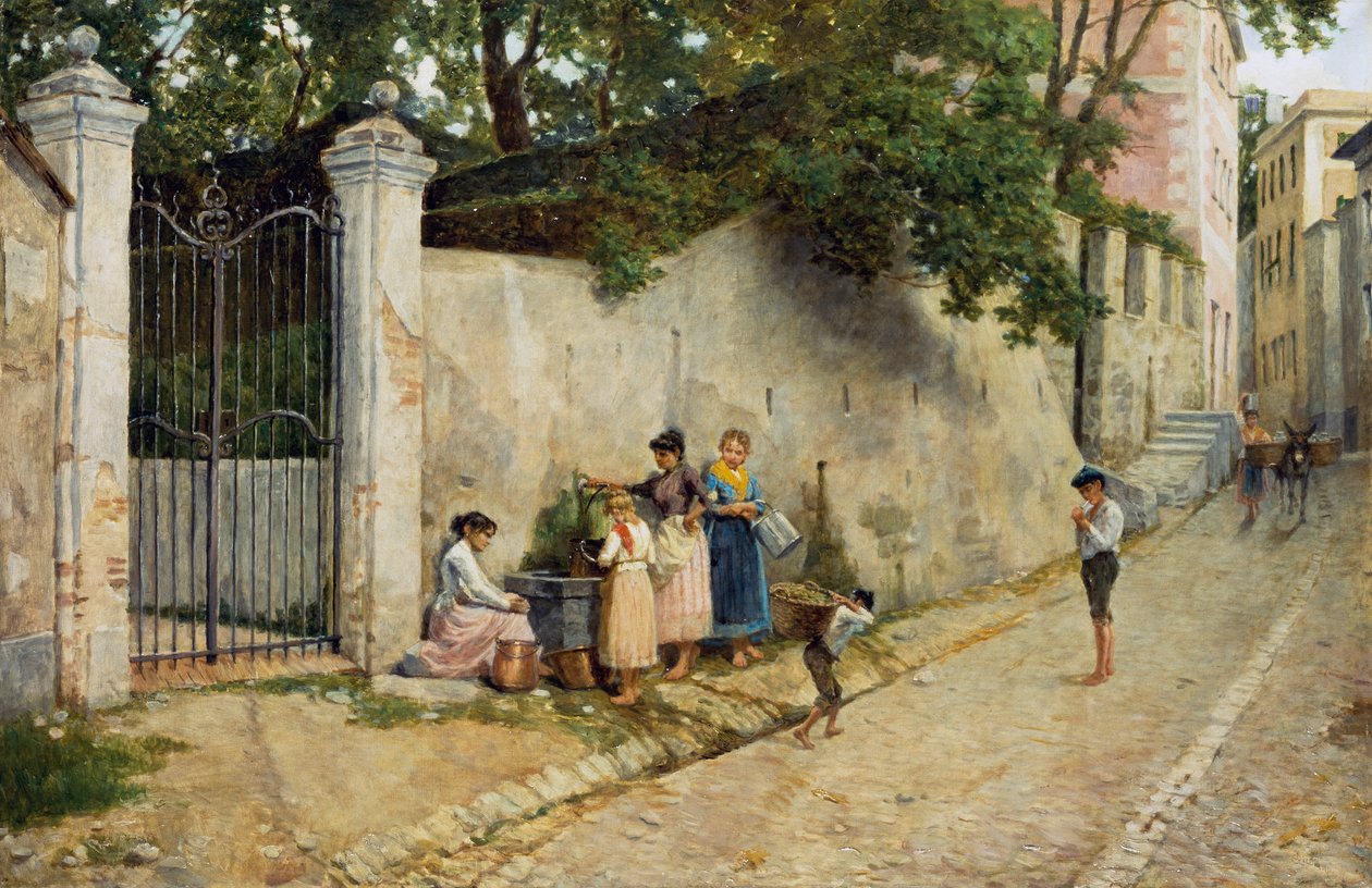 Ved fontenen, av Bartolomeo Giuliano (1825-1909), olje på lerret, 64,5x100 cm av Bartolomeo Giuliano