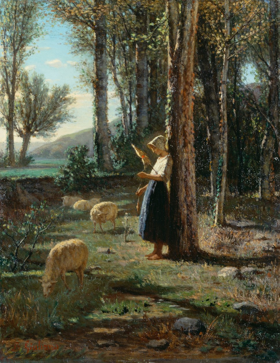 Gjeterinne med saueflokk, av Bartolomeo Giuliano (1825-1909), olje på lerret, 35x27 cm av Bartolomeo Giuliano