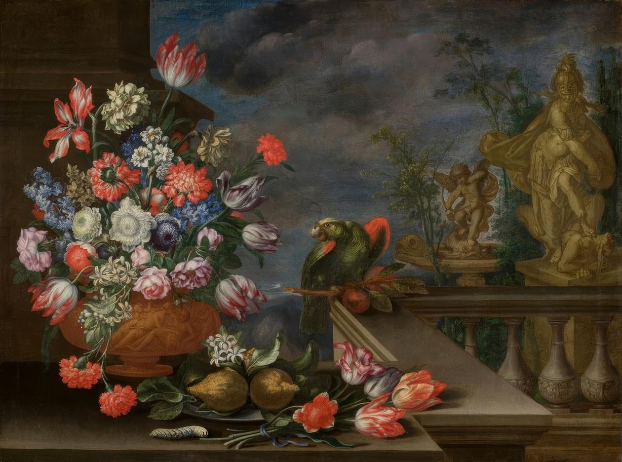 Stilleben med en blomstervase, sitrusfrukter, papegøye og fonteneskulptur av Bartolomeo Ligozzi
