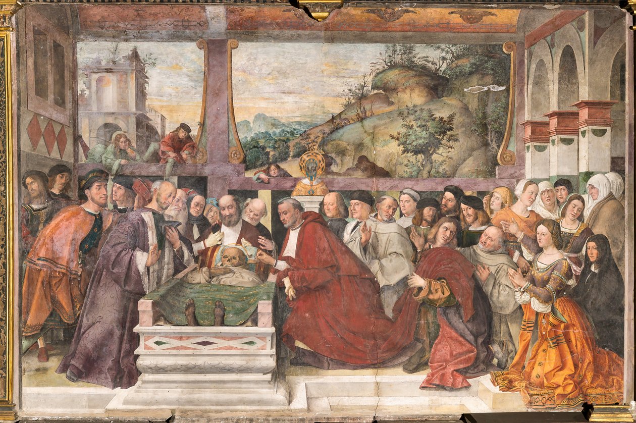 Kardinal Guido av Monfort åpner den helliges ark, den helliges skole av Bartolomeo Montagna
