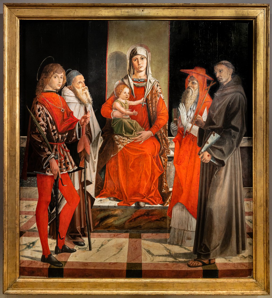 Tronet Madonna med spedbarnet Jesus blant de hellige Ansanus, Anthony den store, Hieronymus og Frans av Bartolomeo Montagna
