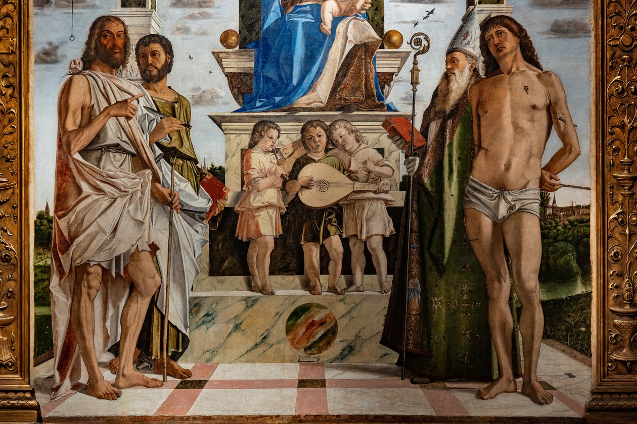 Tronet Madonna med spedbarnet Jesus blant de hellige, detalj av Bartolomeo Montagna