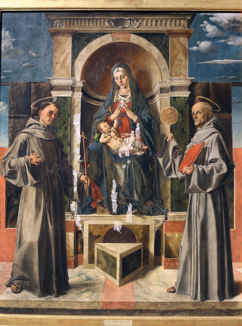 Madonna og barn tronet mellom Saint Francis og Saint Bernardino av Siena, ca. 1490 av Bartolomeo Montagna