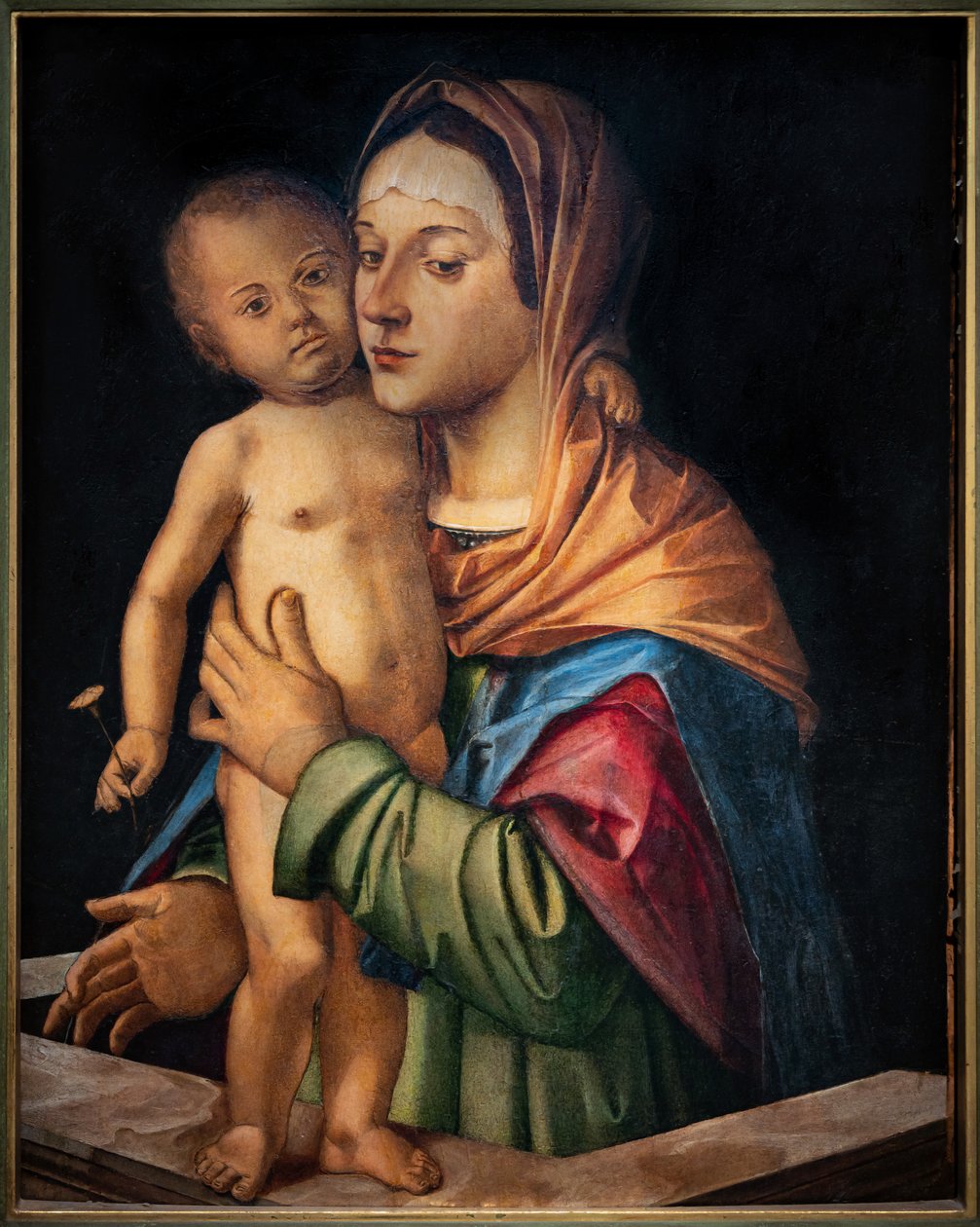 Madonna med spedbarnet Jesus stående på en balustrade, fra 1500-tallet (olje på panel) av Bartolomeo Montagna