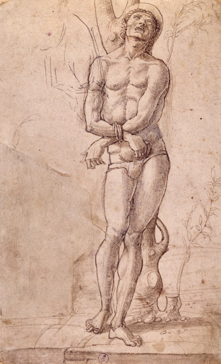 Saint Sebastian, ca 1475, tegning av Bartolomeo Montagna (ca 1450-1523), penn og brunt blekk, med brun vask, cm 20x15, Italia av Bartolomeo Montagna