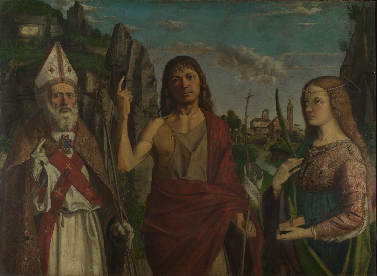 Saint Zeno, Saint John the Baptist og en kvinnelig martyr, ca. 1495 av Bartolomeo Montagna