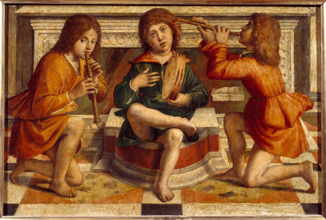 Three Angels Musicians Maleri av Bartolomeo Montagna (1450-1523) 1500-tallet Søn. 0,47x0,7m Lyon, Musee des Beaux Arts av Bartolomeo Montagna