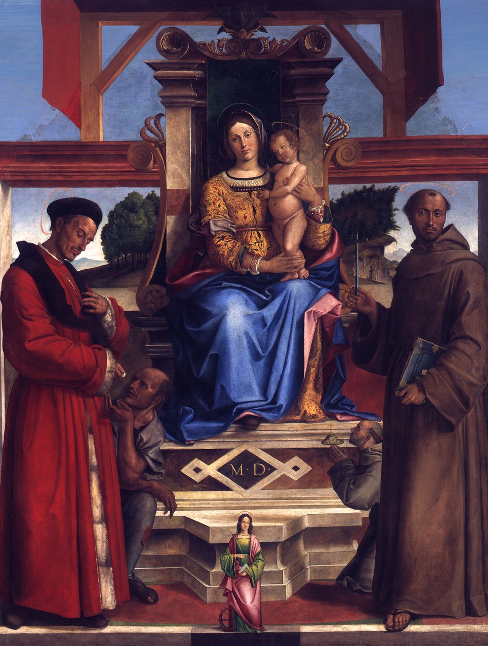 Maria på tronen med barnet, de hellige Homobonus, Frans av Assisi, Katarina av Alexandria og giveren Bernadino da Feltre (død 1494) av Bartolomeo Montagna
