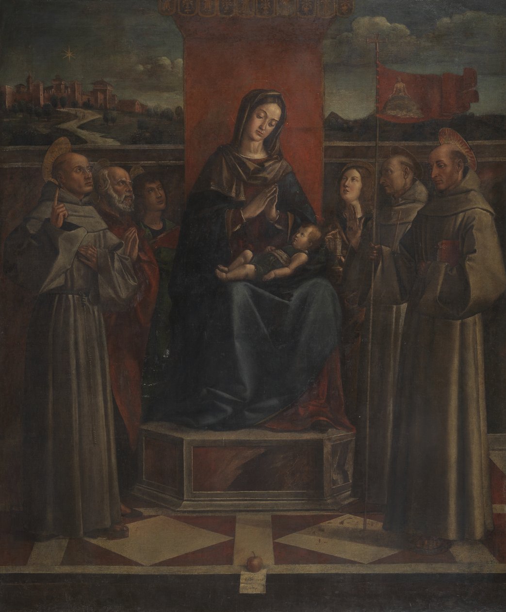Jomfru og barn tronet med seks hellige, ca. 1500 av Bartolomeo Montagna