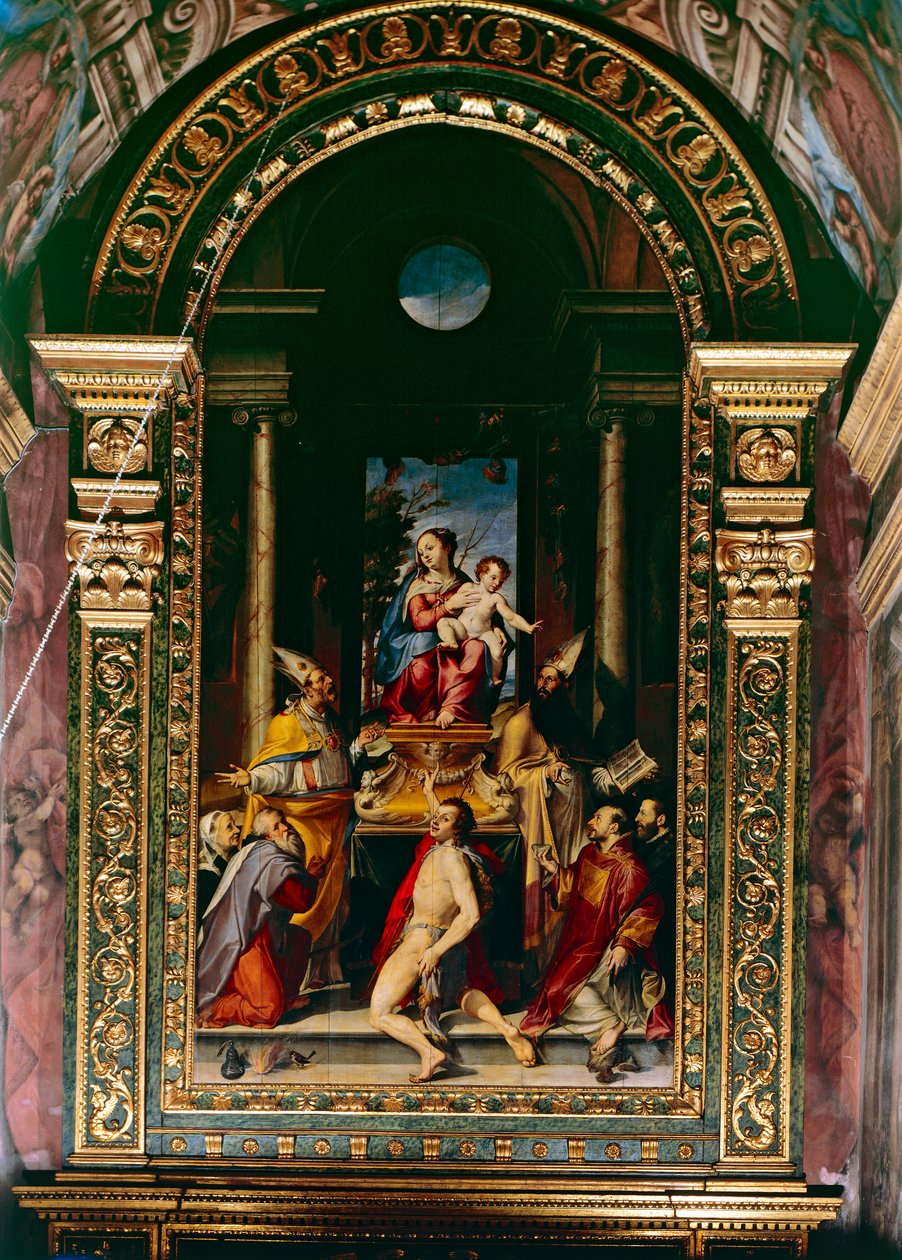 Madonna og barn tronet med Saint Anthony (olje på panel) av Bartolomeo Passarotti