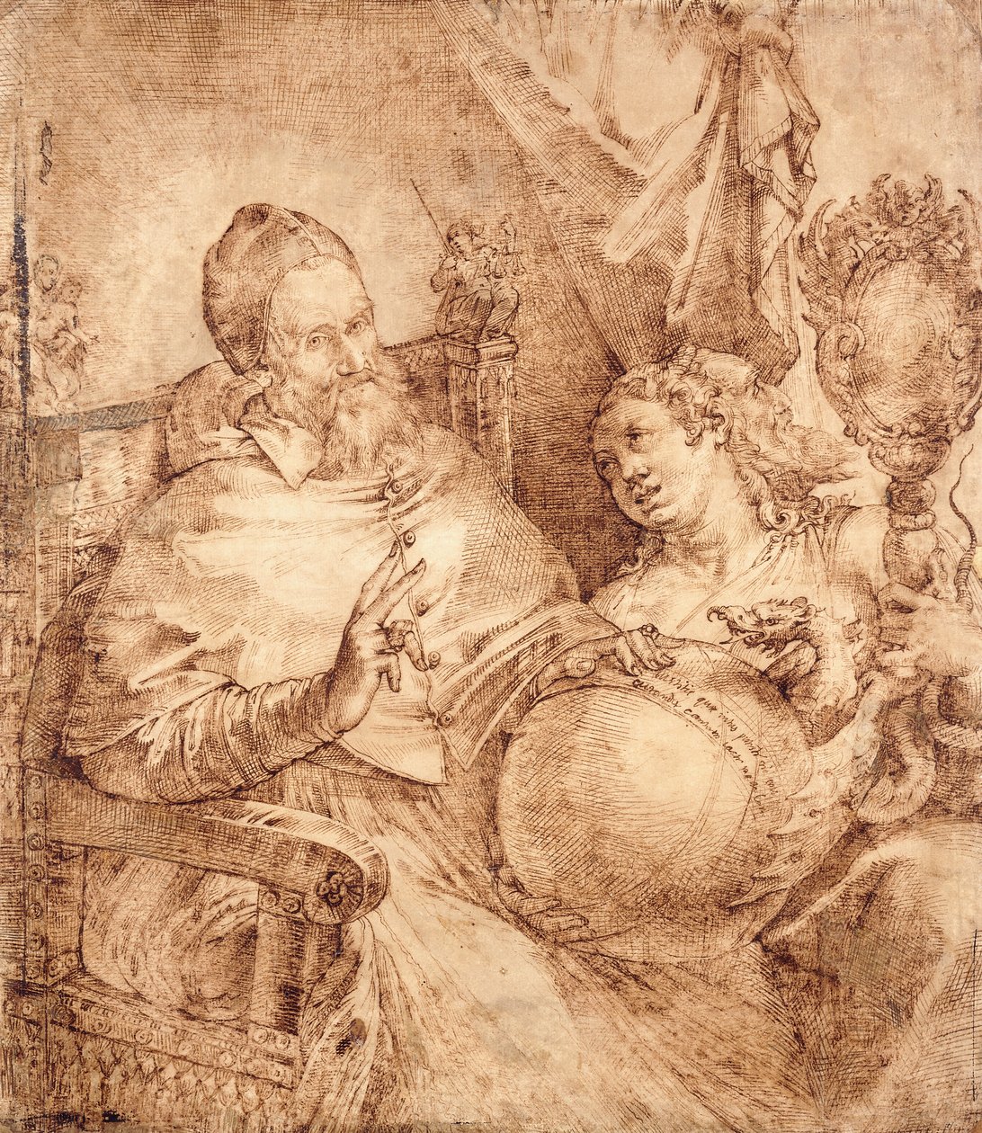 Portrett av pave Gregor XIII, trekvart lengde, sittende i en lenestol, av Bartolomeo Passarotti