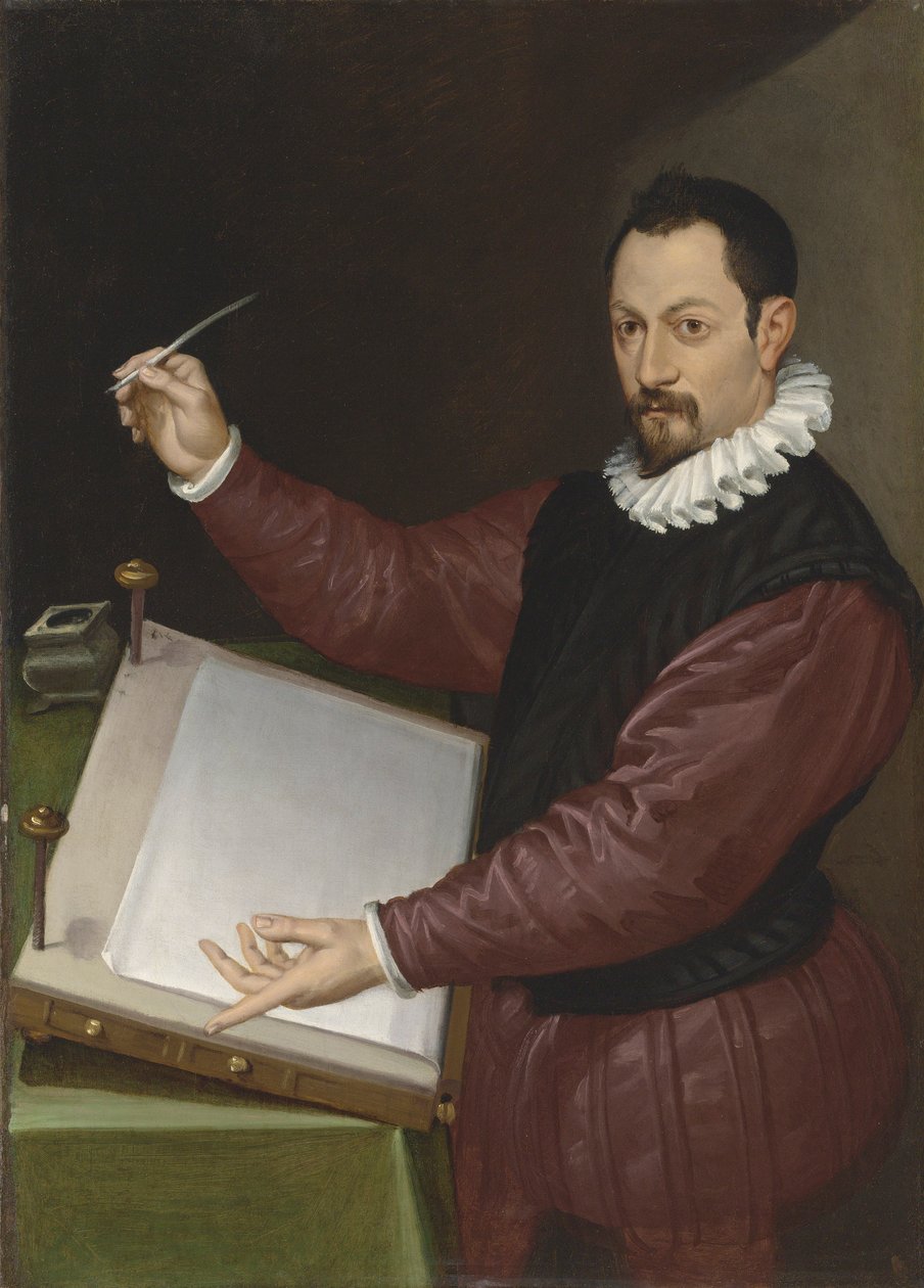 Portrett av en skriver i en rød dublett og hvit ruff (olje på lerret) av Bartolomeo Passarotti