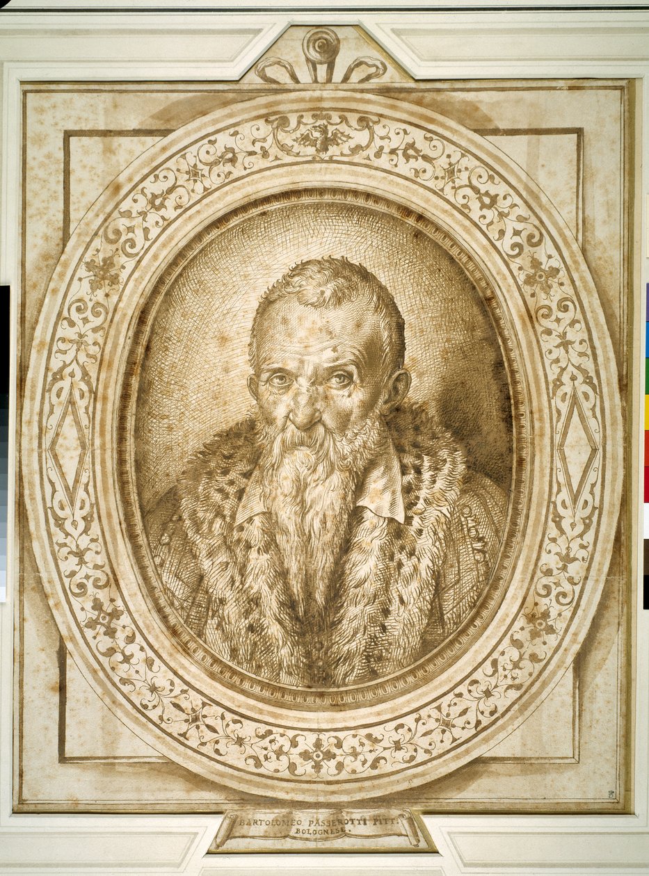 Selvportrett i alderdommen, med simulert innramming (penn og brunt blekk på papir) av Bartolomeo Passarotti