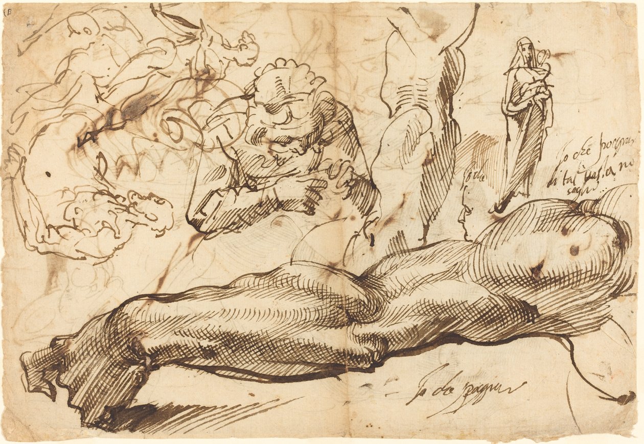 Studier av en venstre arm, en ung kvinne, en madonna og et barn, et ansikt i profil og nakenfigurer av Bartolomeo Passarotti