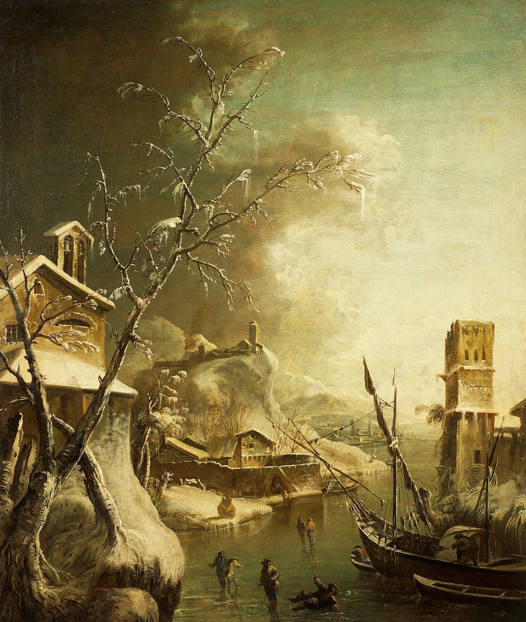 Vinterlandskap, av Bartolomeo Pedone (1665-1733), maleri. av Bartolomeo Pedone