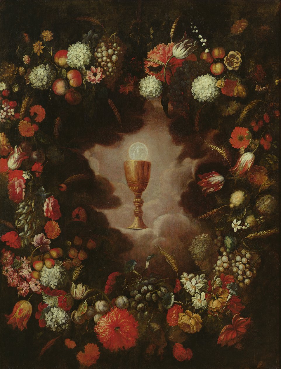 Kalk omgitt av blomster og frukt av Bartolomeo Perez