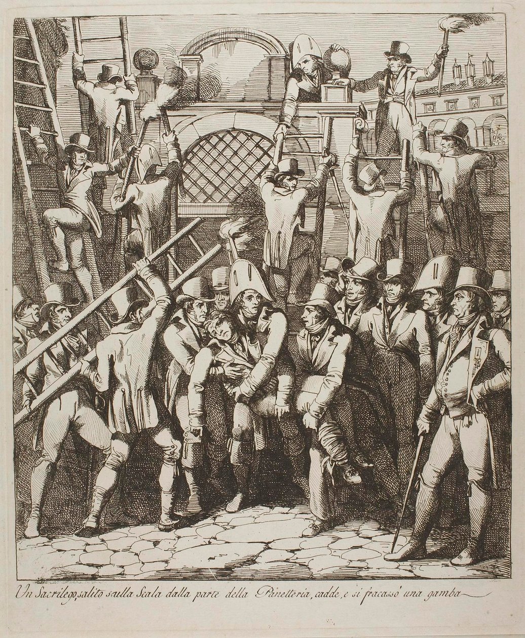 En gudsbespotter brekker beinet mens han klatrer over murene til Vatikanet, 6. juli 1809 av Bartolomeo Pinelli