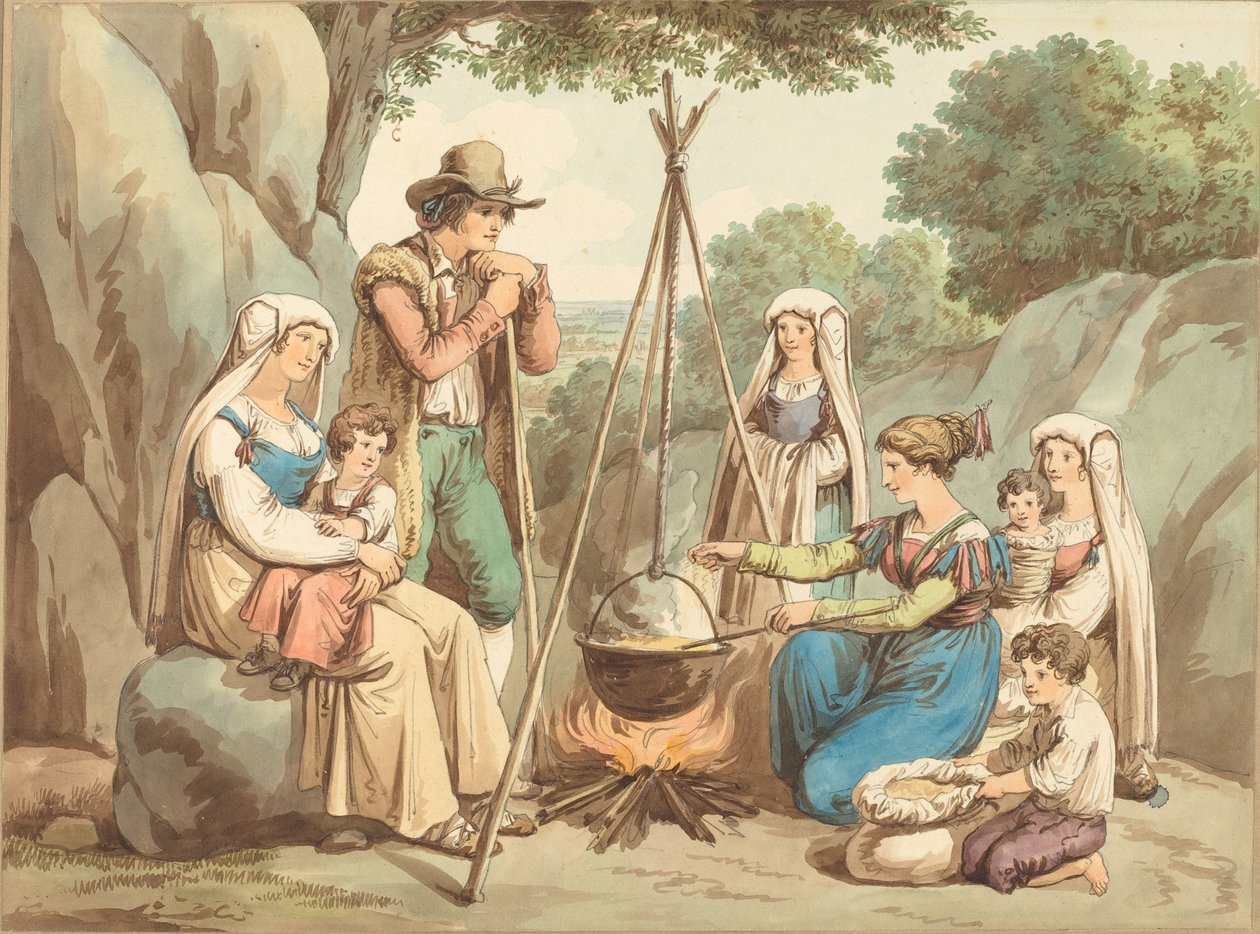 En bondefamilie som lager mat over et bål av Bartolomeo Pinelli
