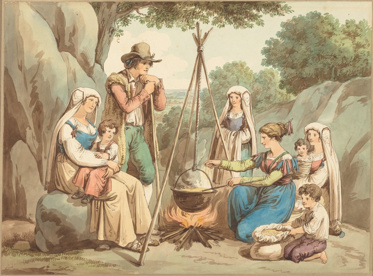 En bondefamilie som lager mat over et bål av Bartolomeo Pinelli