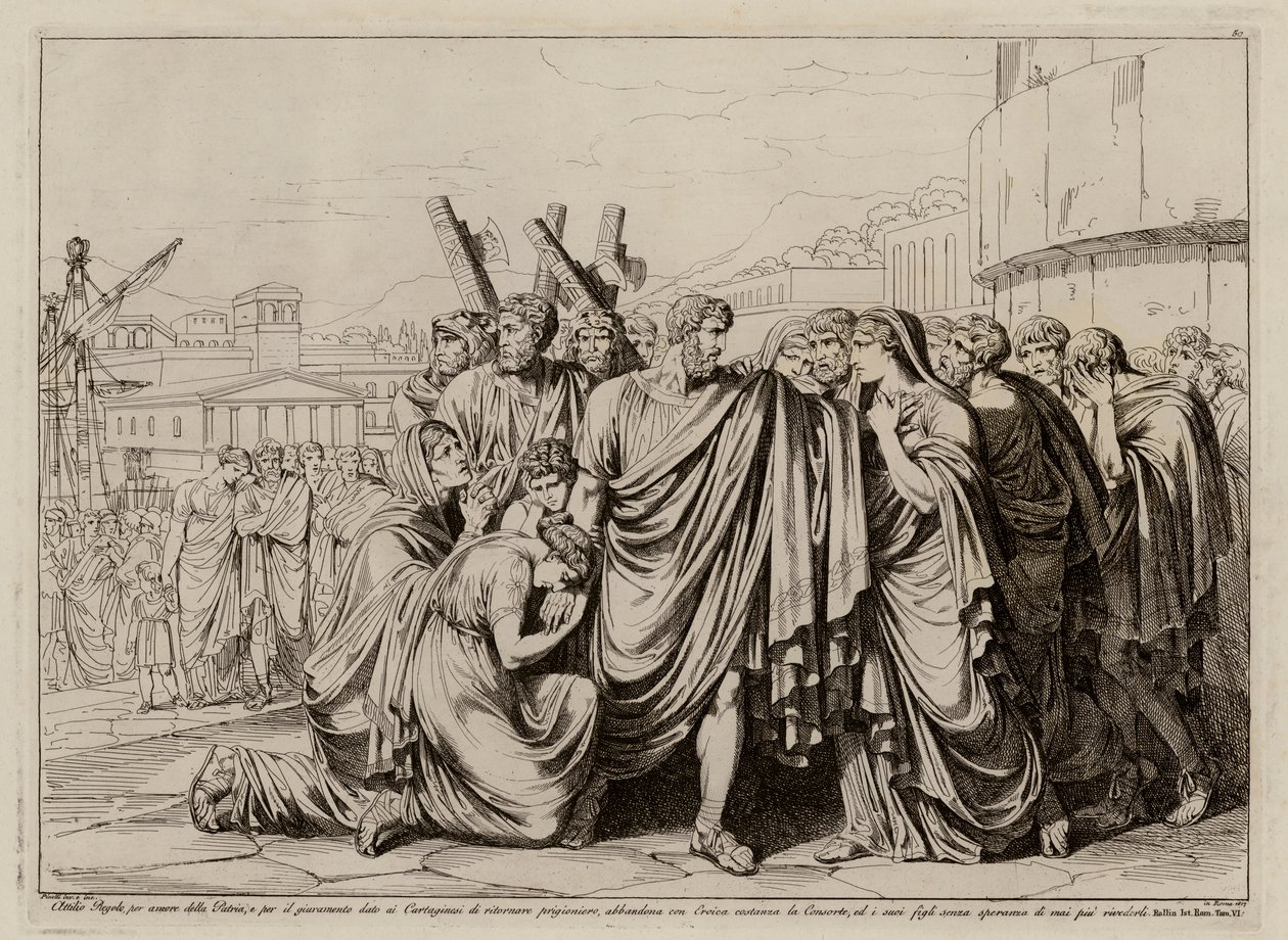 Atilius Regulus forbereder seg på å forlate Roma for å vende tilbake til fangenskap i Kartago (etsing) av Bartolomeo Pinelli