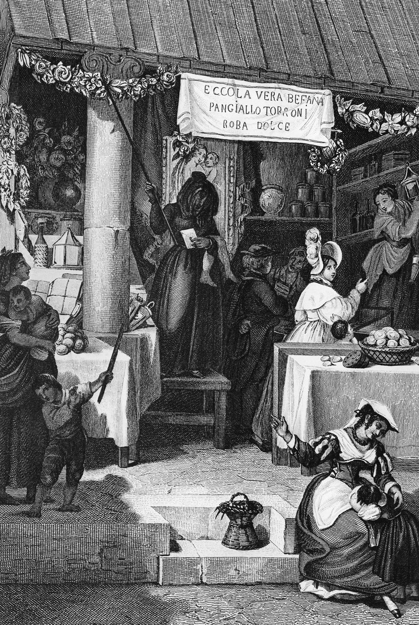 Befana (italiensk juleheks), bod som selger søtsaker og nougat på Piazza Navona under helligtrekonger, Roma, gravering av Bartolomeo Pinelli av Bartolomeo Pinelli