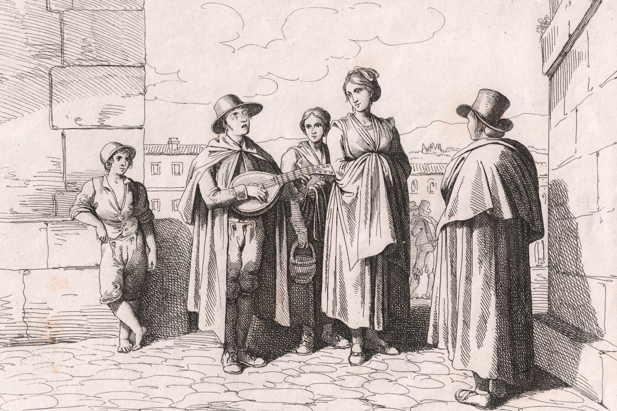 Blind mann synger og spiller, etsning av Bartolomeo Pinelli (Roma av Bartolomeo Pinelli