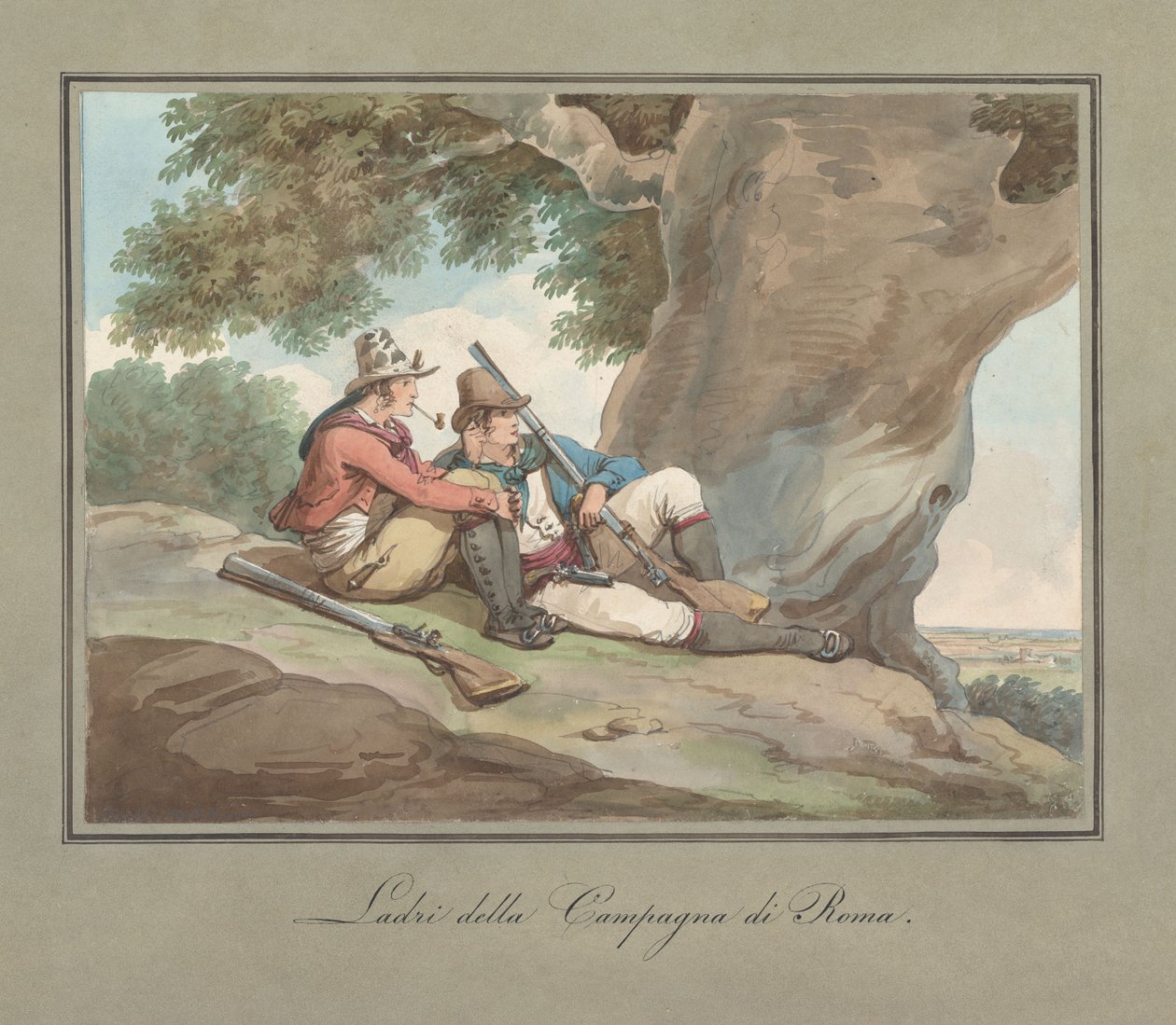 Hvilende røvere i Campagna, illustrasjon til Romerske drakter og skikker av Bartolomeo Pinelli