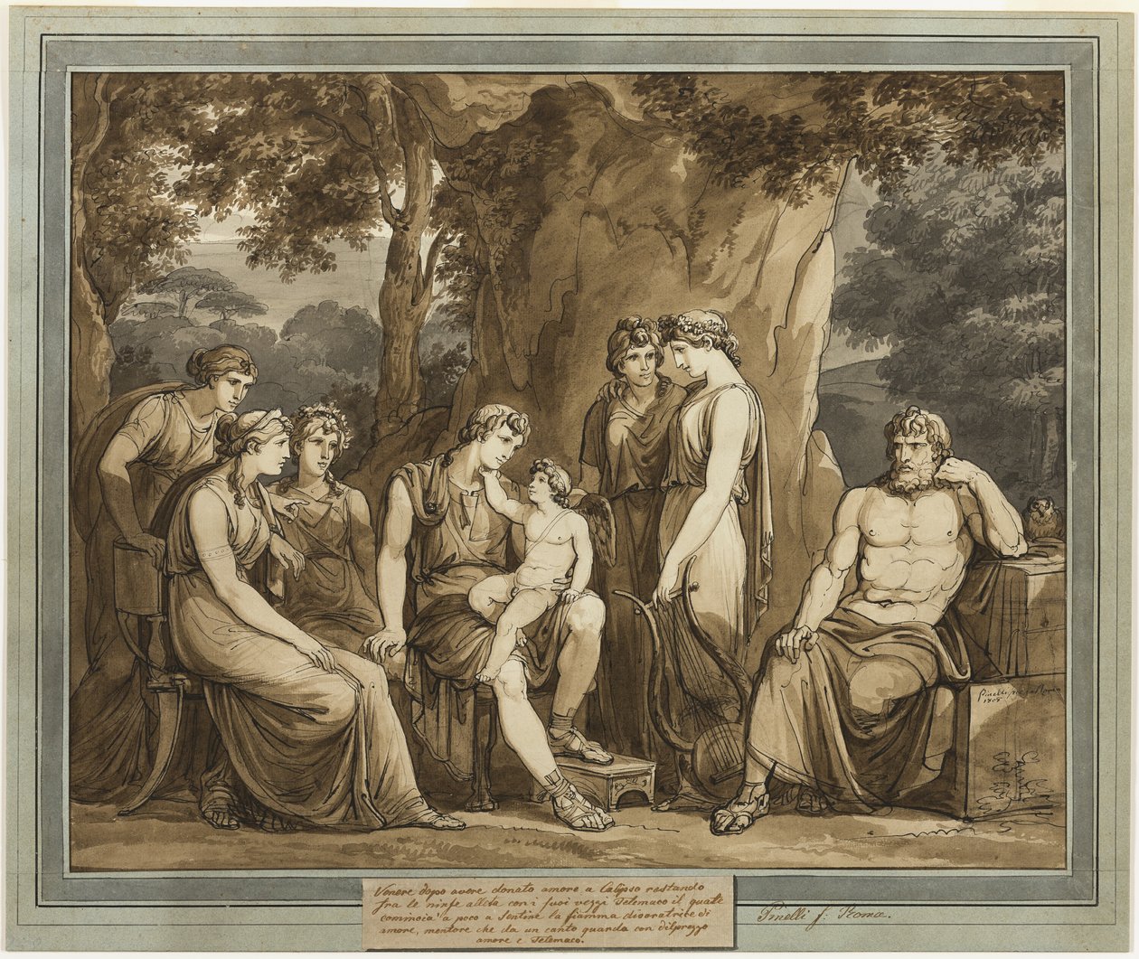 Calypso ser på Telemachus med Amor på kneet, mens mentor ser på i sinne, fra The Adventures of Telemachus, bok 7 av Bartolomeo Pinelli