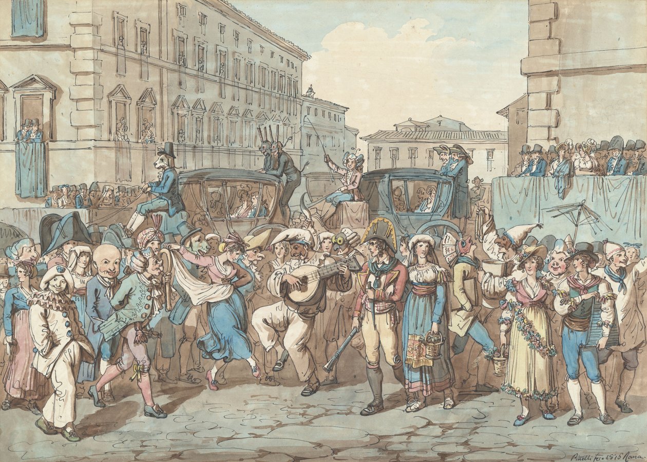 Karneval i Roma, illustrasjon til Romerske drakter og skikker av Bartolomeo Pinelli
