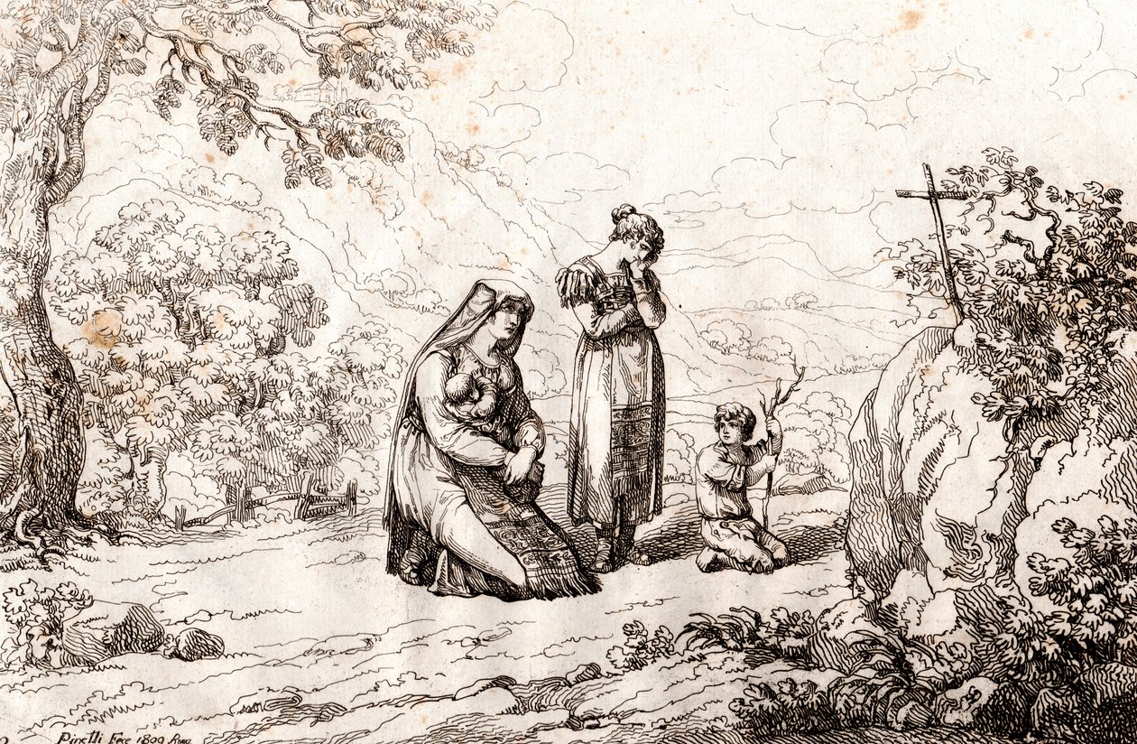 Ciociara-kvinne ber foran korset der mannen hennes ble drept, etsning av Bartolomeo Pinelli (Roma av Bartolomeo Pinelli