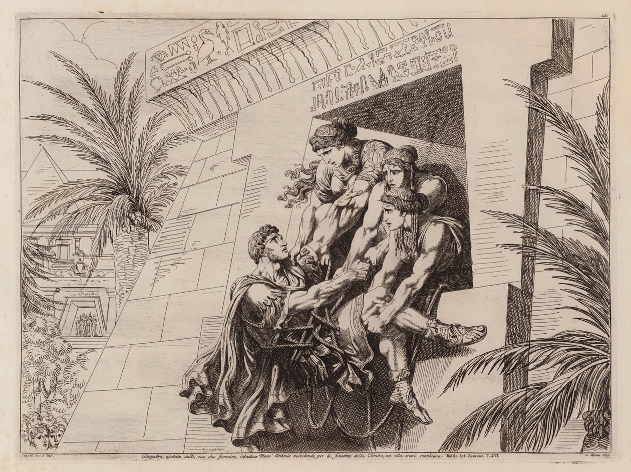 Kleopatra og hennes følgesvenner løfter den døende Marcus Antonius inn i graven sin (etsing) av Bartolomeo Pinelli