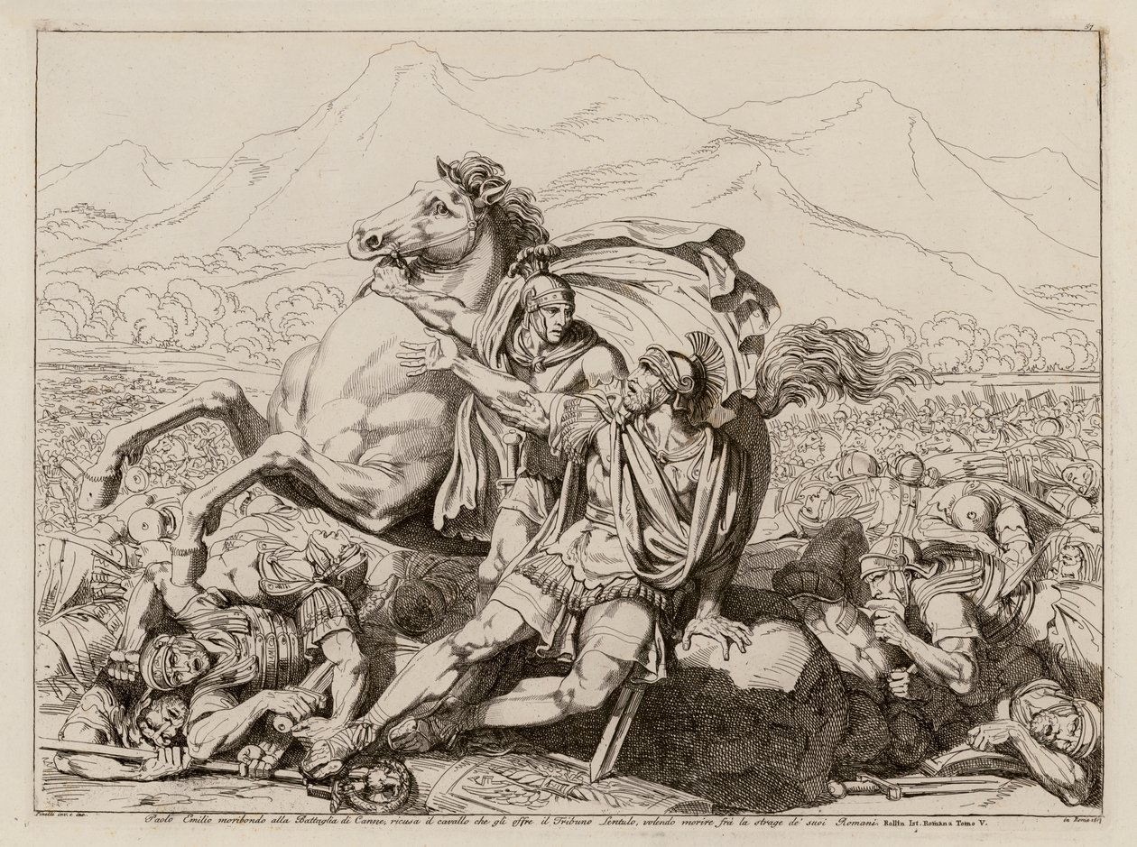 Lucius Aemilius Paullus død i slaget ved Cannae, 216 f.Kr. (radering) av Bartolomeo Pinelli