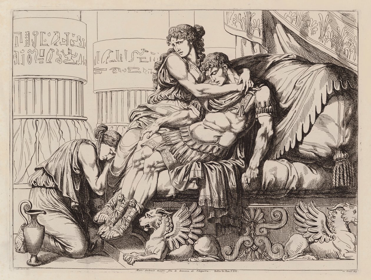 Markus Antonius død i Kleopatras armer, 30 f.Kr. (etsning) av Bartolomeo Pinelli