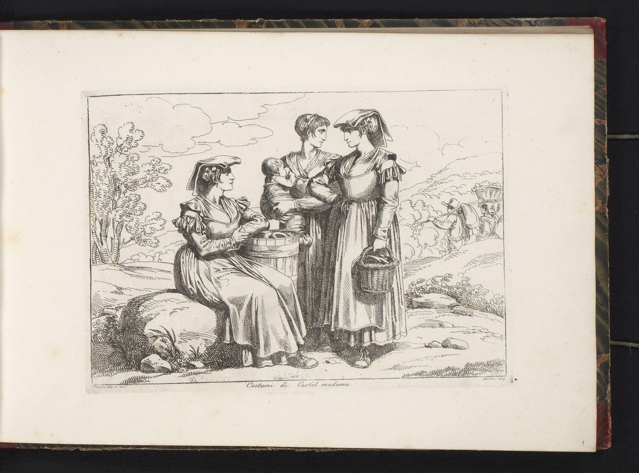 Tre kvinner og et barn fra Castel Madama Costumi di Castel madama (tittel på objekt) Kostymetrykk med figurer fra Roma og omegn (serietittel) Nuova raccolta di cinquanta costumi de contorni di Roma (serietittel) av Bartolomeo Pinelli