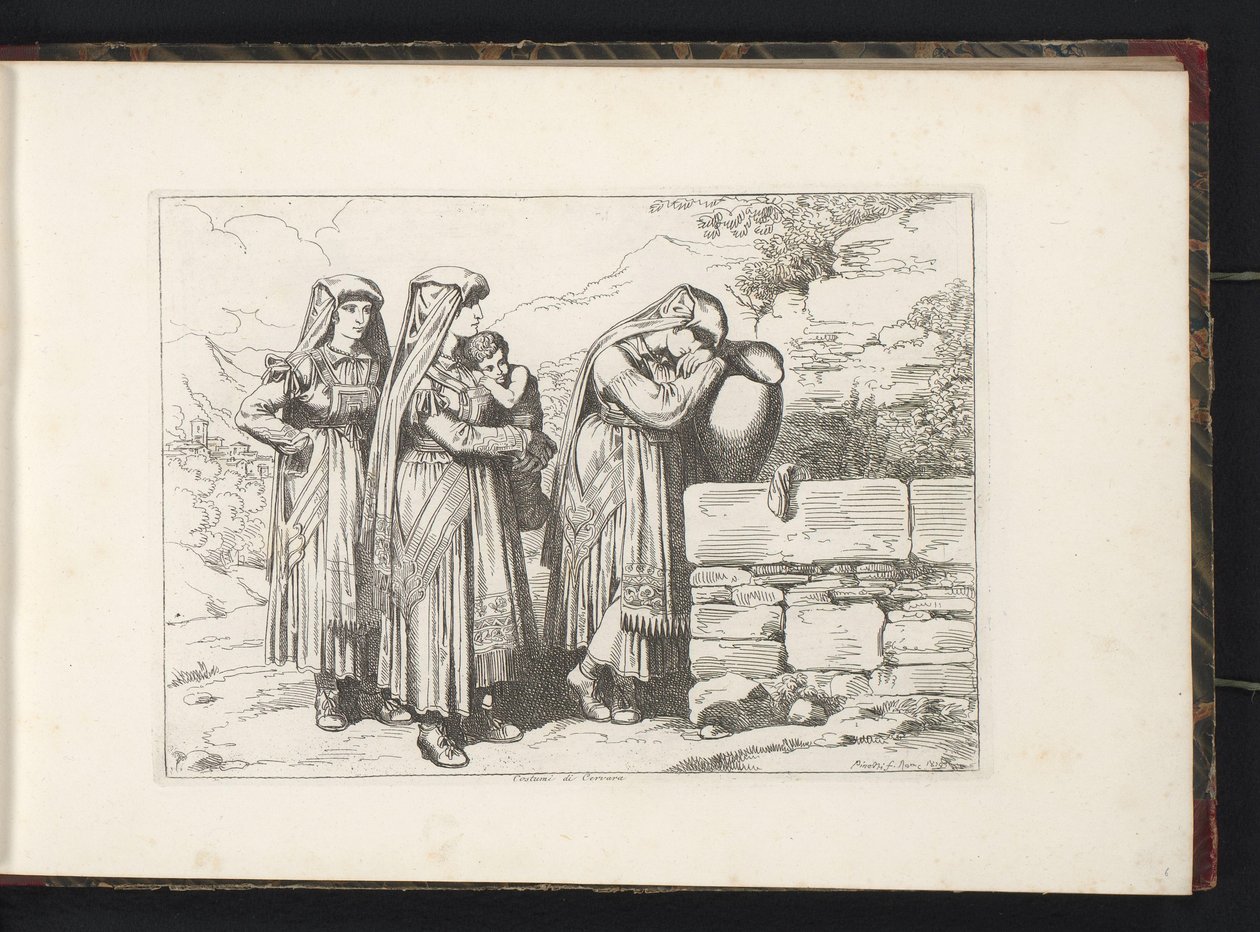 Tre kvinner og et barn fra Cervara di Roma Costumi di Cervara (tittel på objekt) Kostymetrykk med figurer fra Roma og omegn (serietittel) Nuova raccolta di cinquanta costumi de contorni di Roma (serietittel) av Bartolomeo Pinelli