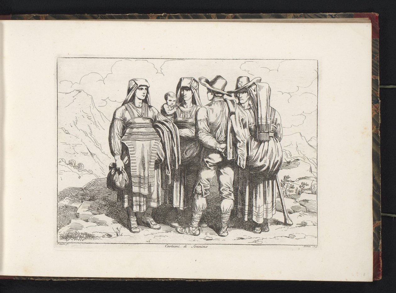 Tre kvinner og to menn fra Sonnino Costumi di Sonnino (tittel på objekt) Kostymetrykk med figurer fra Roma og omegn (serietittel) Nuova raccolta di cinquanta costumi de contorni di Roma (serietittel) av Bartolomeo Pinelli