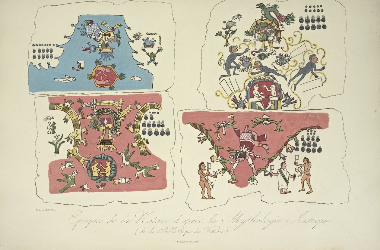 Epochs of Nature, etter den aztekiske mytologien, fra Vatikanets bibliotek, illustrasjon fra 'Views of the Cordilleras and Monuments of the Indigenous Peoples of America' av Alexander von Humboldt og Aime Bonpland av Bartolomeo Pinelli
