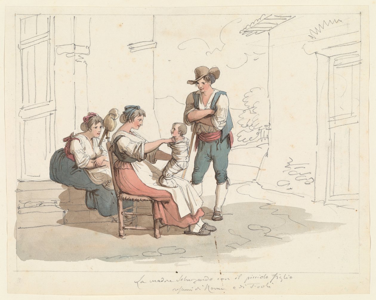 Familiescene med en mor og et barn, illustrasjon til "Romerske drakter og skikker" av Bartolomeo Pinelli