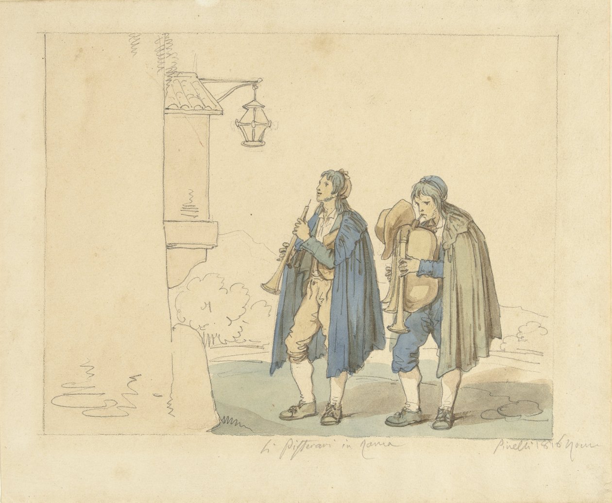 Fløytespiller og sekkepiper foran et hus Li Pifferari i Roma (tittel på objekt) av Bartolomeo Pinelli