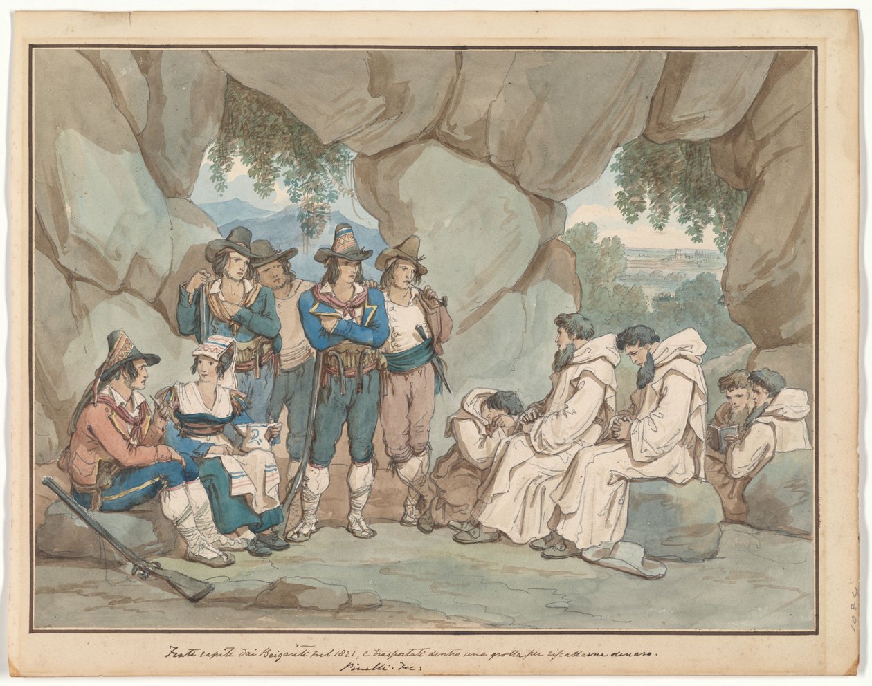 «Frati» fanget av briganti og holdt i en grotte, illustrasjon til Romerske drakter og skikker av Bartolomeo Pinelli