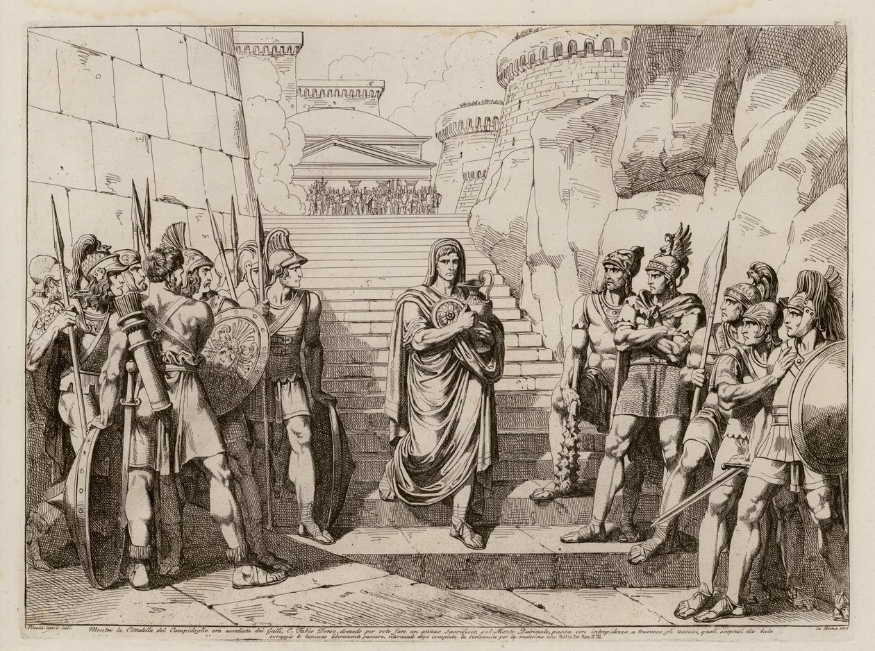 Gaius Fabius Dorsuo passerer gallerne uforstyrret på vei for å ofre, 390 f.Kr. (etsning) av Bartolomeo Pinelli