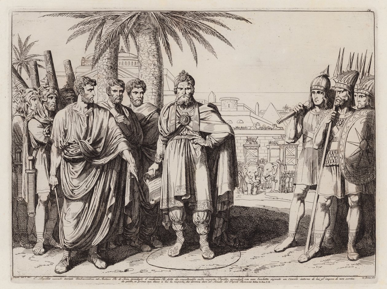 Gaius Popillius Laenas tegner en sirkel i sanden rundt Antiochus IV Epifanes (etsning) av Bartolomeo Pinelli