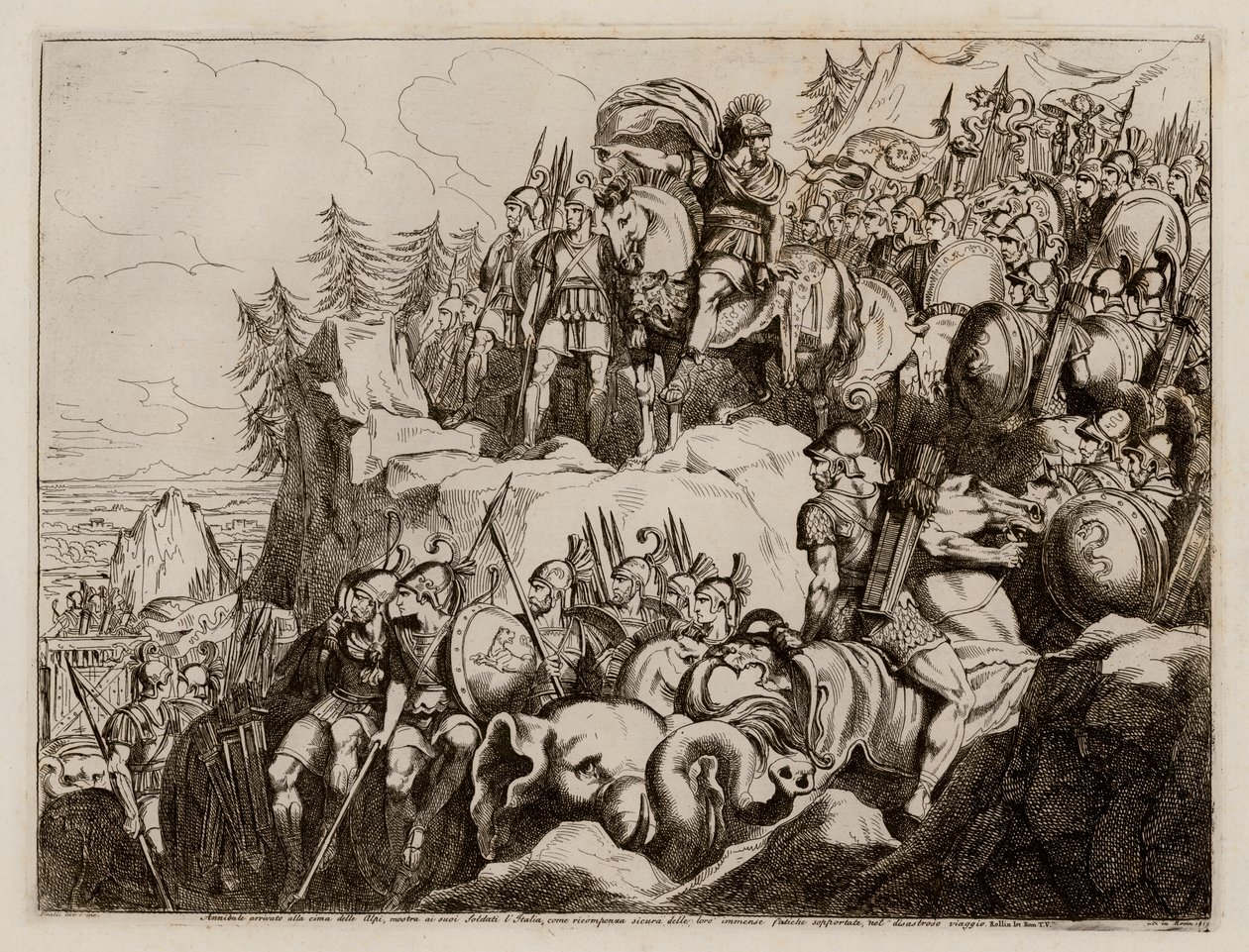 Hannibal krysser Alpene til Italia, 218 f.Kr. (etsning) av Bartolomeo Pinelli
