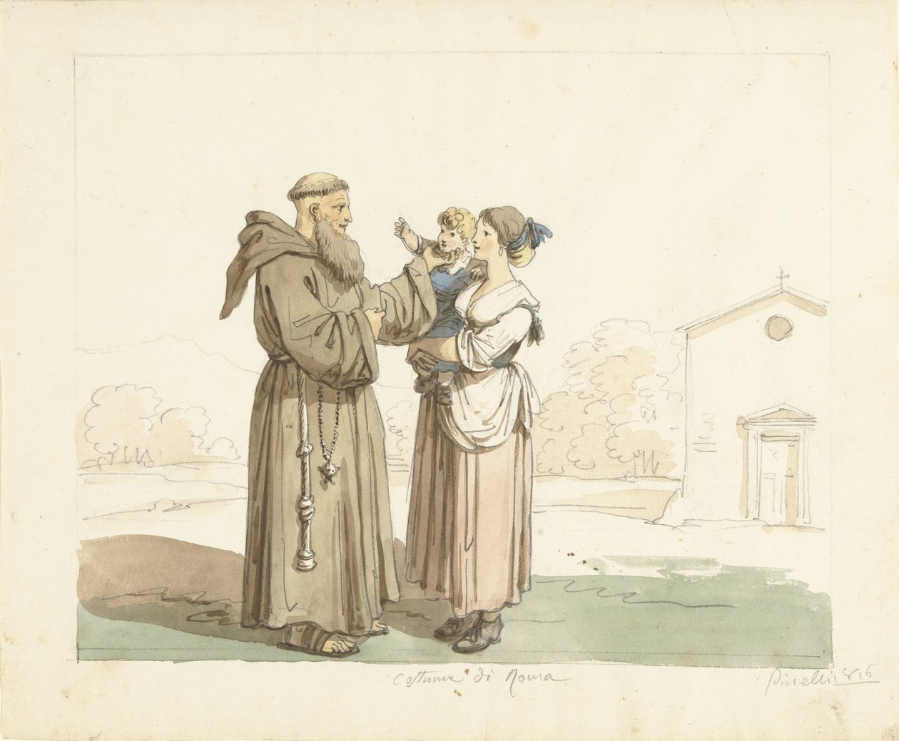 Ung kvinne med barn som står foran en munk av Bartolomeo Pinelli