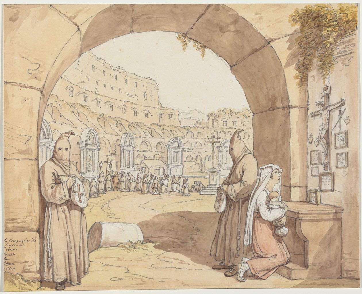 La Compagnia dei sacconi al Colosseo (Botere som ber ved alterene i Colosseum) av Bartolomeo Pinelli