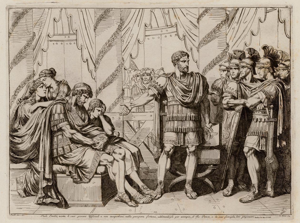 Lucius Aemilius Paullus Macedonicus peker på den beseirede kong Perseus av Makedonien av Bartolomeo Pinelli